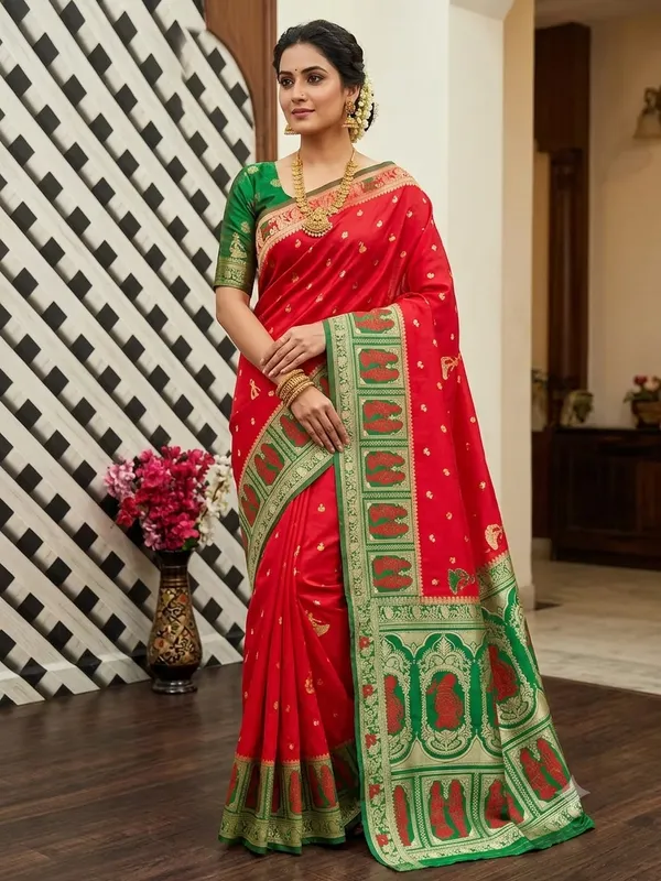 Red_Silk_And_Polyester_Woven_Baluchari_Saree_For_Women