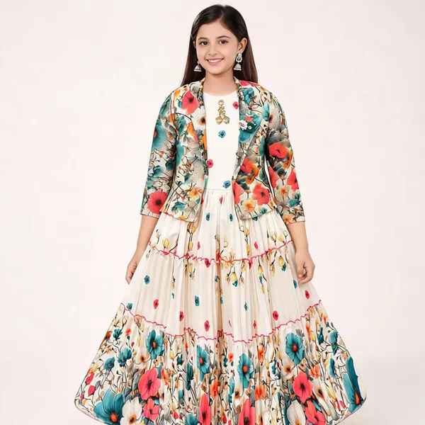 Cream_Floral_Print_Georgette_Flared_Gown_With_Jacket_For_Girls