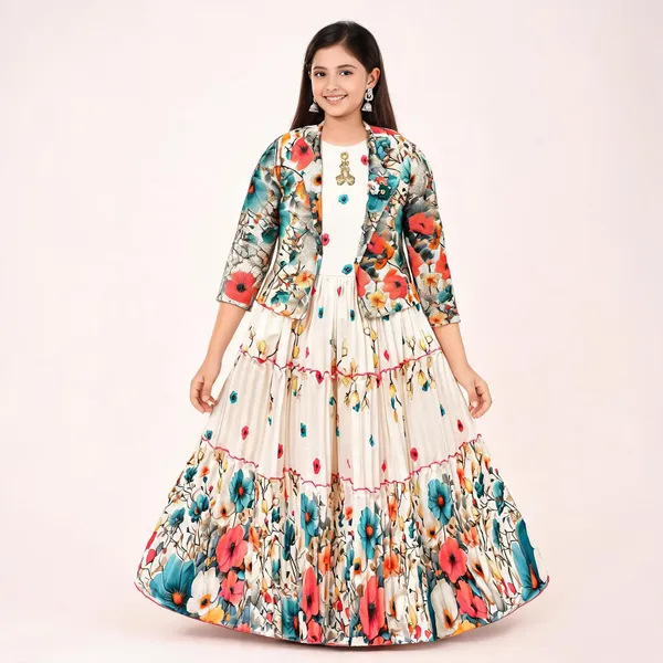 Cream_Floral_Print_Georgette_Flared_Gown_With_Jacket_For_Girls