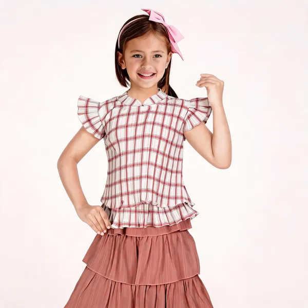 Multicolor_Plaid__Cotton_And_Polyster_Ruffle_Top_And_Tiered_Skirt_Set_For_Girls