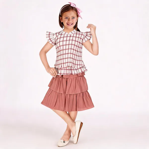 Multicolor_Plaid__Cotton_And_Polyster_Ruffle_Top_And_Tiered_Skirt_Set_For_Girls
