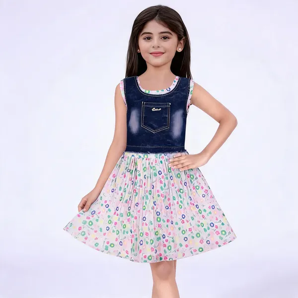 Blue_Georgette_Denim_Style_Floral_Flared_Frock_For_Girls