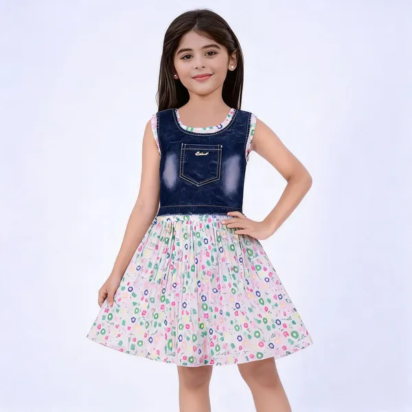Blue_Georgette_Denim_Style_Floral_Flared_Frock_For_Girls