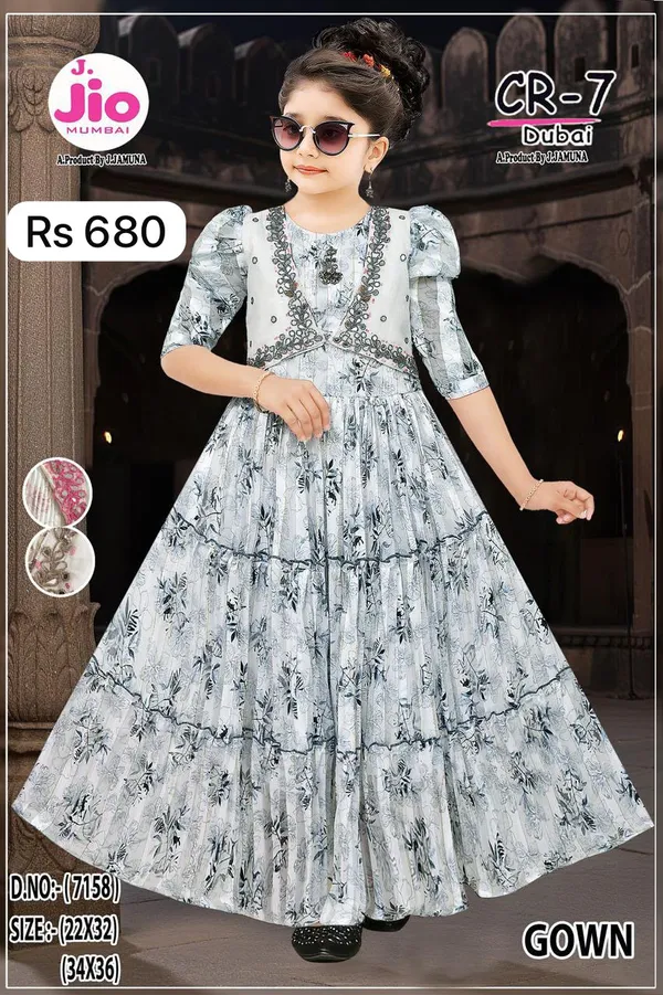 White_Floral_Print_Flared_Gown_for_Girls