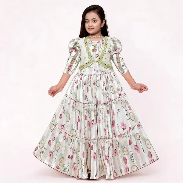 White_Georgette_Floral_Print_Tiered_Flared_Gown_For_Girls