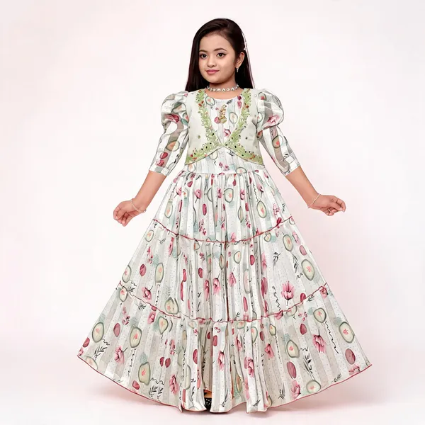White_Georgette_Floral_Print_Tiered_Flared_Gown_For_Girls