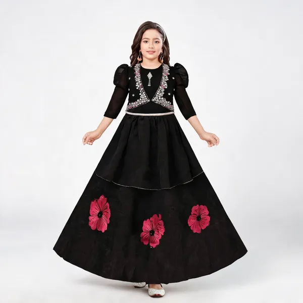 Black_Georgette_Embroidered_Flared_Gown_For_Girls