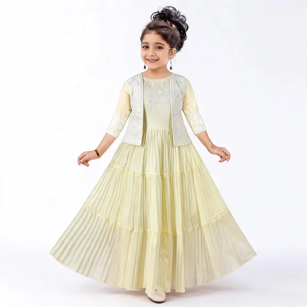 Yellow_Georgette_Tiered_Gown_With_Jacket_For_Girls