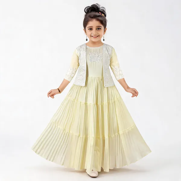 Yellow_Georgette_Tiered_Gown_With_Jacket_For_Girls