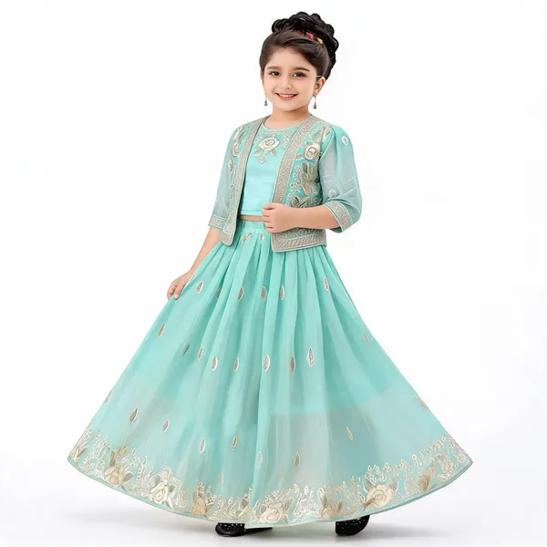 Mint_Georgette_Embroidered_Flared_Lehenga_Set_For_Girls