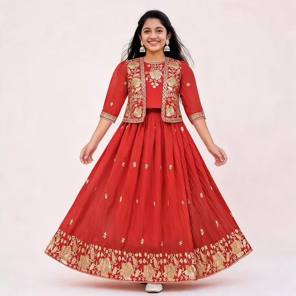 Red_Georgette_Embroidered_Anarkali_Gown_With_Jacket_For_Girls