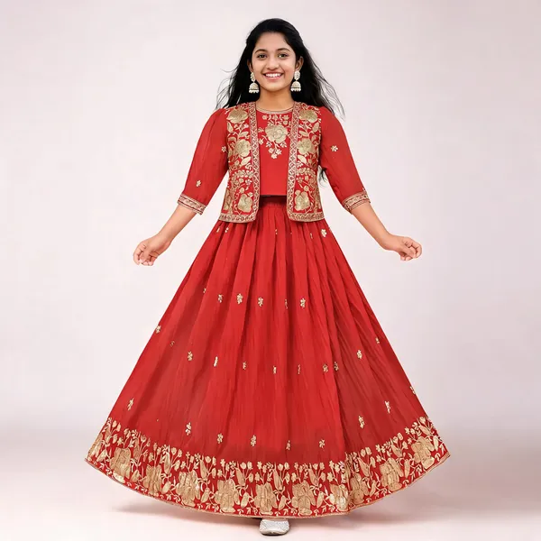 Red_Georgette_Embroidered_Anarkali_Gown_With_Jacket_For_Girls