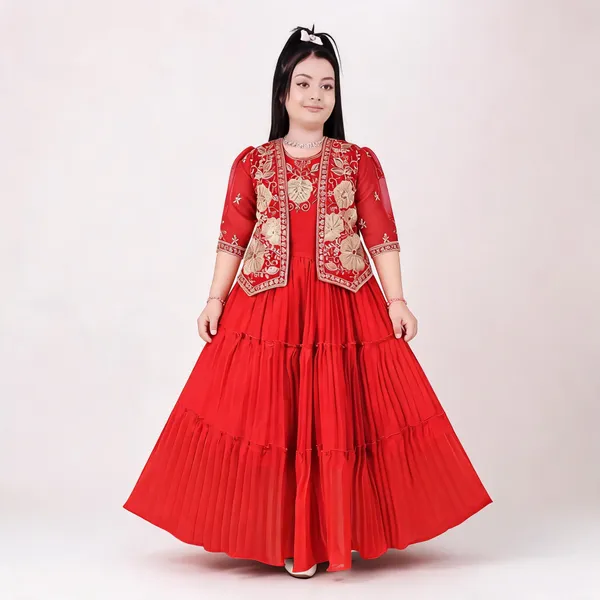 Red_Georgette_Embroidered_Jacket_Flared_Gown_For_Girls