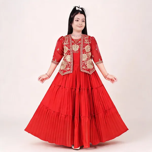Red_Georgette_Embroidered_Jacket_Flared_Gown_For_Girls