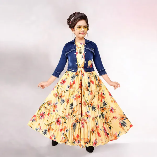 Yellow_Floral_Print_Georgette_Flared_Dress_With_Denim_Jacket_For_Girls
