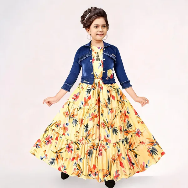 Yellow_Floral_Print_Georgette_Flared_Dress_With_Denim_Jacket_For_Girls