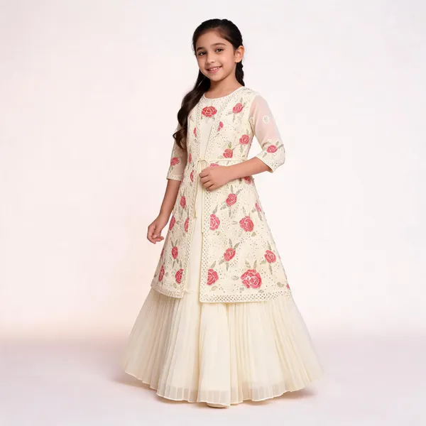Cream_Floral_Print_Georgette_Anarkali_Gown_Set_For_Girls