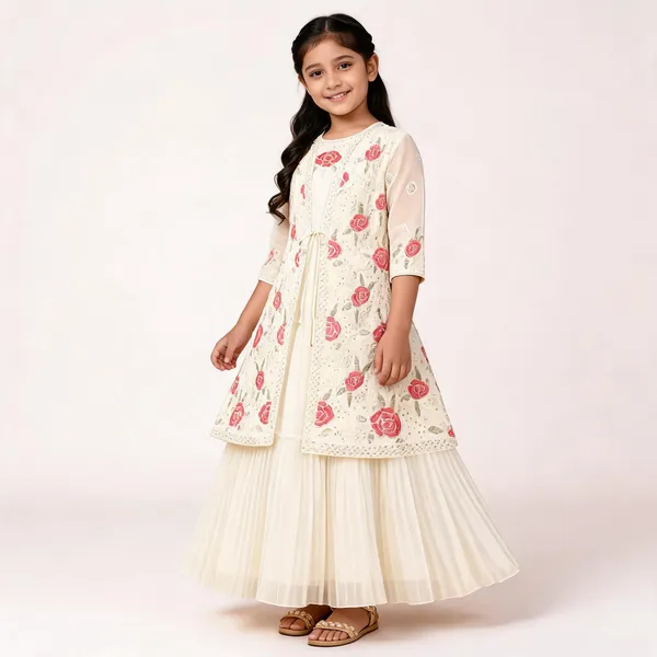 Cream_Floral_Print_Georgette_Anarkali_Gown_Set_For_Girls