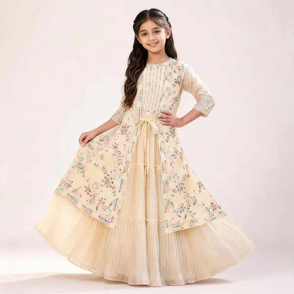Cream_Georgette_Floral_Print_Jacket_Flared_Gown_For_Girls
