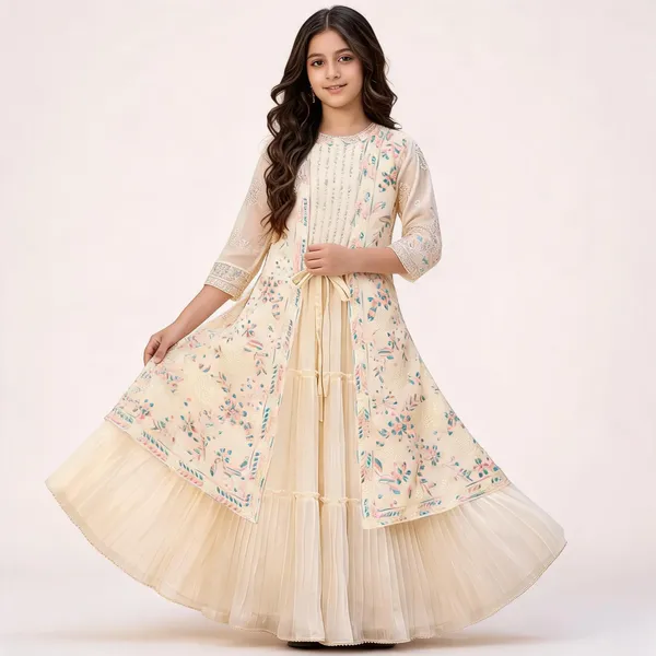 Cream_Georgette_Floral_Print_Jacket_Flared_Gown_For_Girls