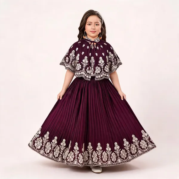 Maroon_Velvet_Georgette_Printed_Flared_Anarkali_Gown_For_Girls