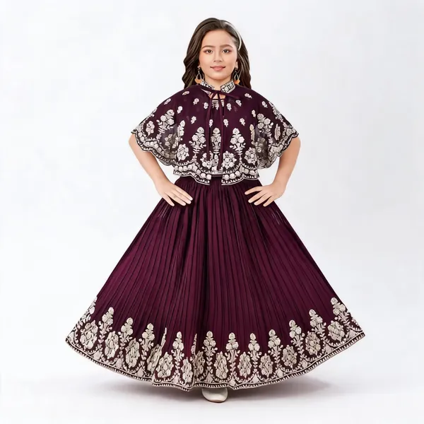 Maroon_Velvet_Georgette_Printed_Flared_Anarkali_Gown_For_Girls
