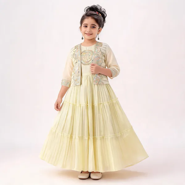 Cream_Georgette_Layered_Gown_With_Jacket_For_Girls