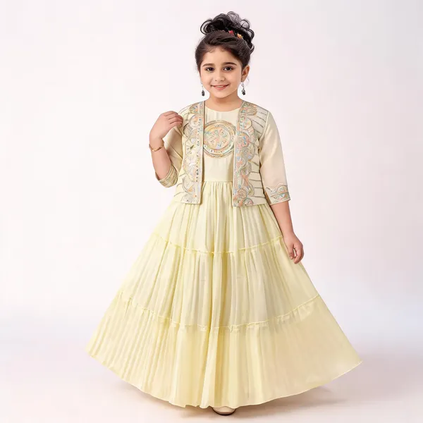 Cream_Georgette_Layered_Gown_With_Jacket_For_Girls