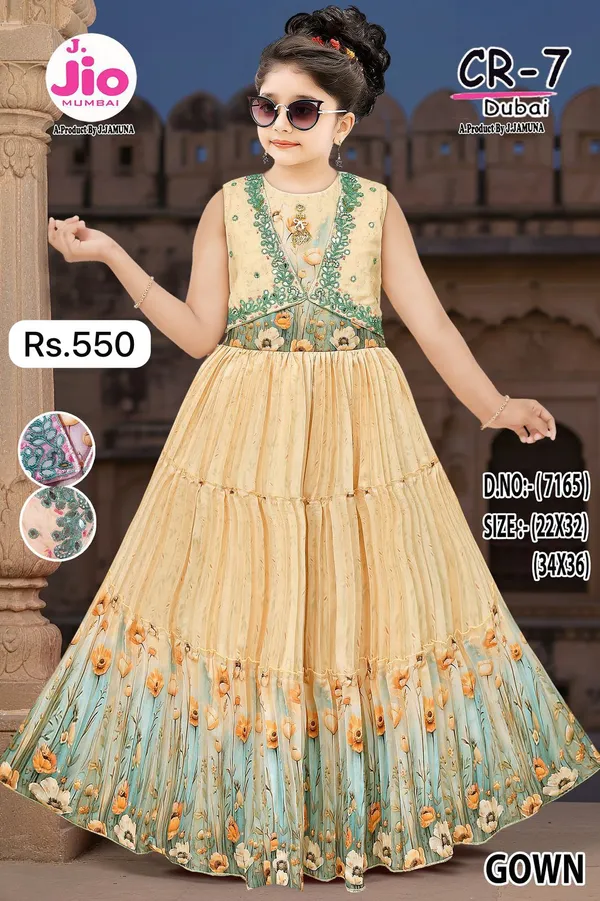 Beige_Floral_Print_Sleeveless_Gown_for_Girls