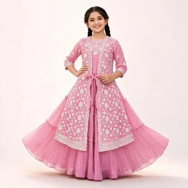 Pink_Georgette_Floral_Printed_Jacket_Flared_Gown_For_Girls
