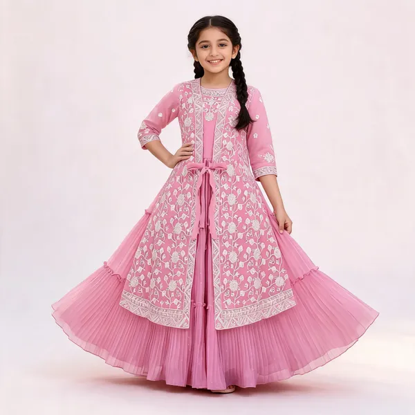 Pink_Georgette_Floral_Printed_Jacket_Flared_Gown_For_Girls