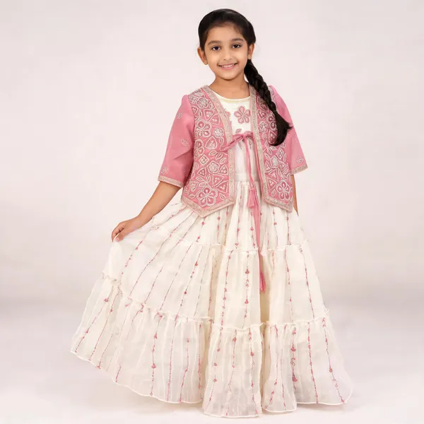 White_Chanderi_Silk_Embroidered_Layered_Flared_Dress_For_Girls