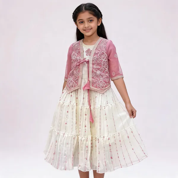 White_Chanderi_Silk_Embroidered_Layered_Flared_Dress_For_Girls