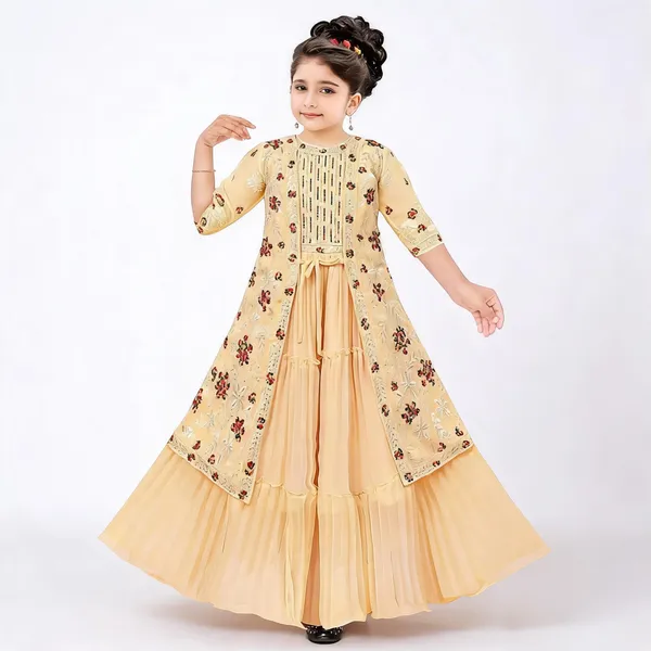 Cream_Georgette_Floral_Layered_Flared_Gown_For_Girls