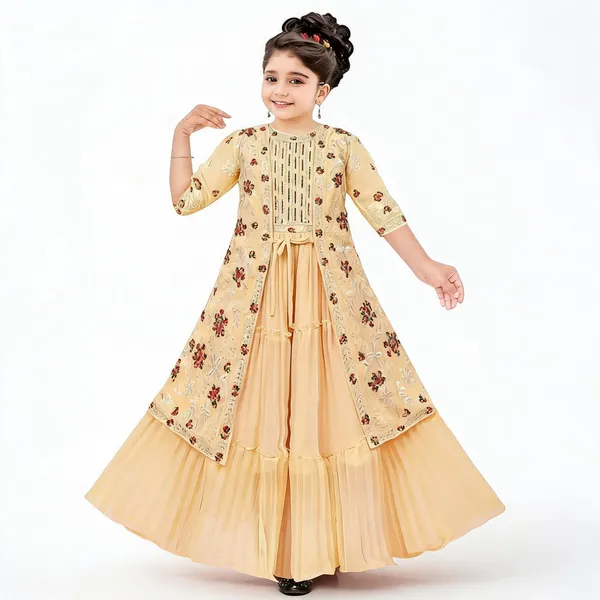 Cream_Georgette_Floral_Layered_Flared_Gown_For_Girls