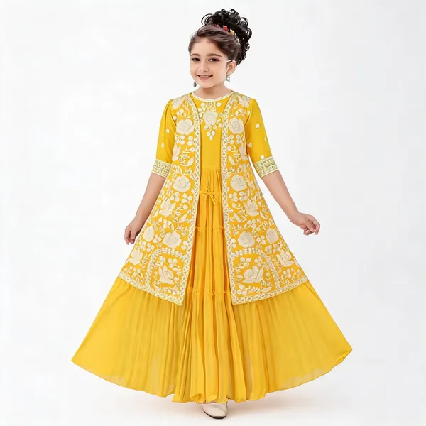 Yellow_Georgette_Floral_Flared_Gown_For_Girls