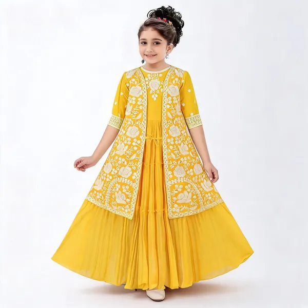 Yellow_Georgette_Floral_Flared_Gown_For_Girls