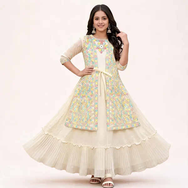 Cream_Georgette_Embroidered_Jacket_Flared_Gown_For_Girls