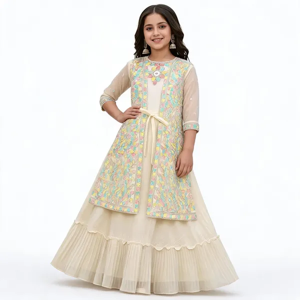 Cream_Georgette_Embroidered_Jacket_Flared_Gown_For_Girls