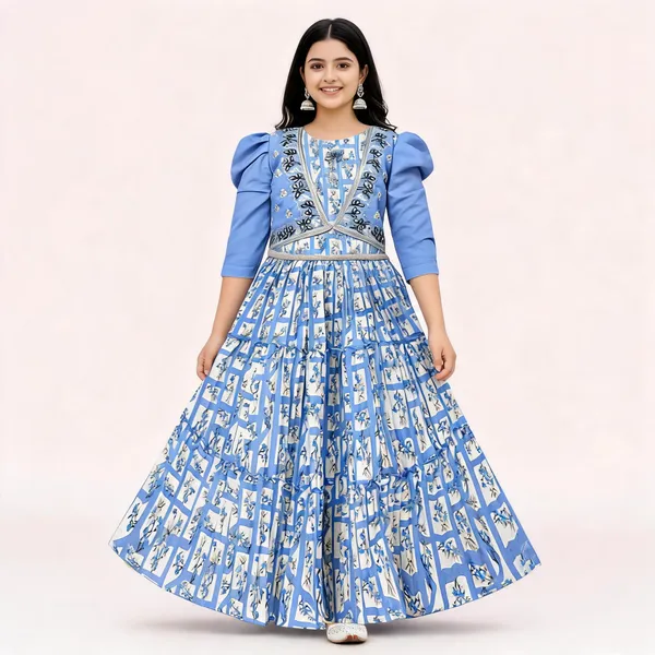 Blue_Georgette_Puff_Sleeve_Flared_Gown_For_Girls