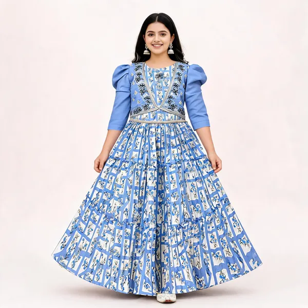Blue_Georgette_Puff_Sleeve_Flared_Gown_For_Girls