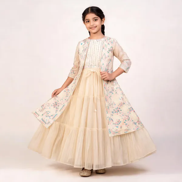 Cream_Georgette_Floral_Jacket_Anarkali_Layered_Gown_For_Girls