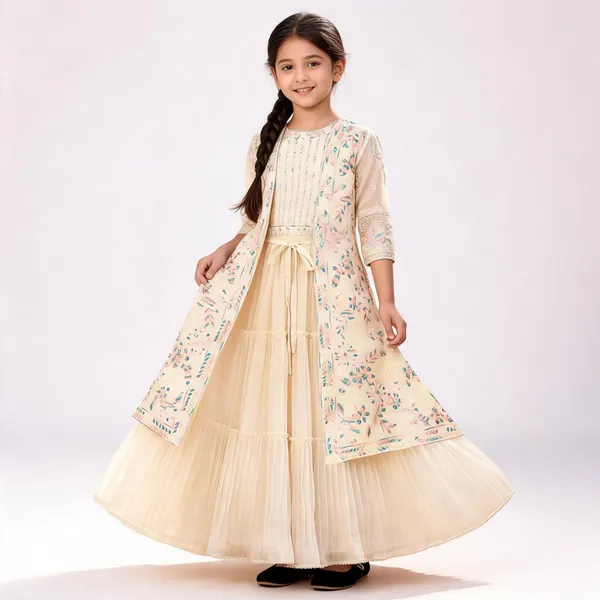 Cream_Georgette_Floral_Jacket_Anarkali_Layered_Gown_For_Girls