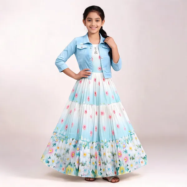 Blue_Floral_Print_Georgette_Jacket_Style_Flared_Gown_For_Girls