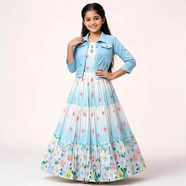 Blue_Floral_Print_Georgette_Jacket_Style_Flared_Gown_For_Girls