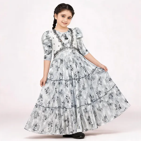 White_Floral_Print_Georgette_Puff_Sleeve_Gown_For_Girls