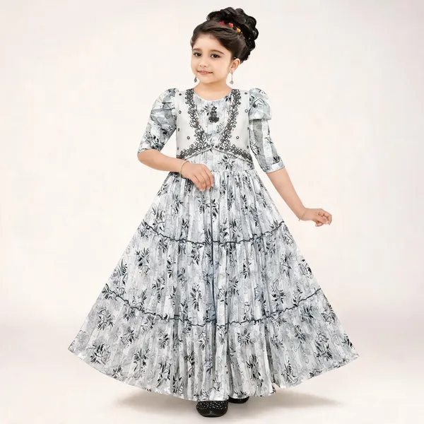White_Floral_Print_Georgette_Puff_Sleeve_Gown_For_Girls