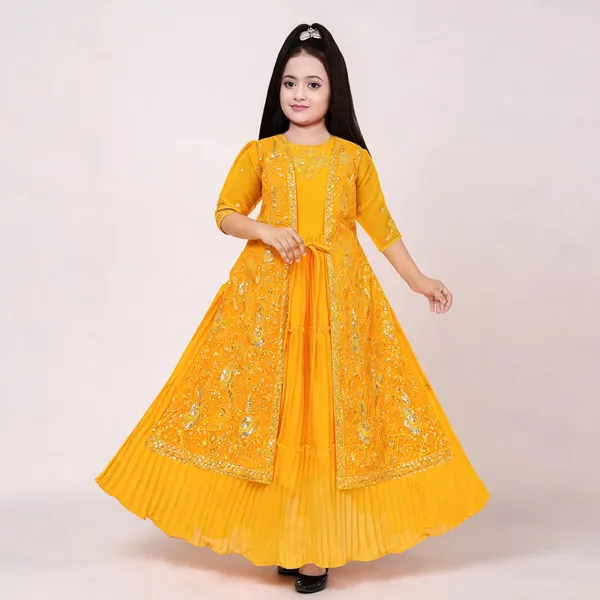 Yellow_Georgette_Embroidered_Jacket_Flared_Gown_For_Girls