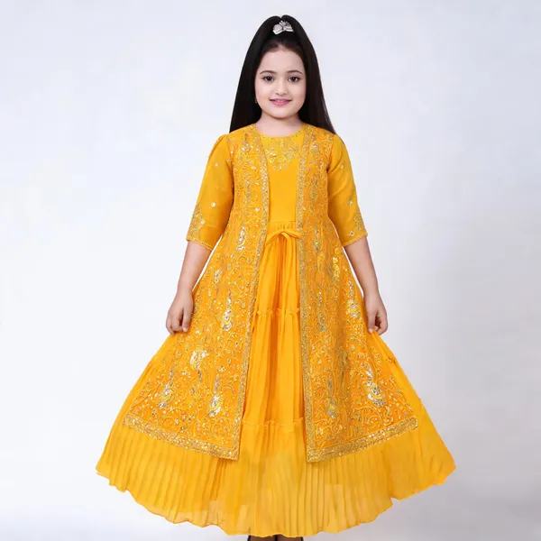 Yellow_Georgette_Embroidered_Jacket_Flared_Gown_For_Girls