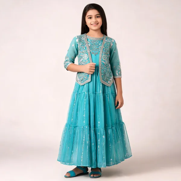Turquoise_Georgette_Embellished_Tiered_Gown_With_Jacket_For_Girls